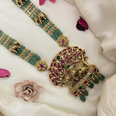 Vriksham Exquisite Elephant Pendant Layered Haram-Aqua Green Bead-Red Green-G16582